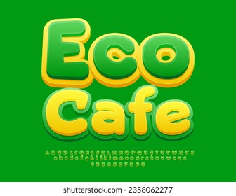 Vector creative template Eco Cafe. Yellow and Green bright Font. Funny Alphabet Letters, Numbers and Symbols set