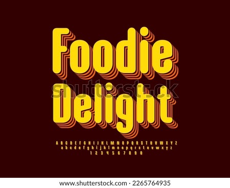 Vector creative template Foodie Delight. Trendy style Font. Layered Alphabet letters, Numbers and Symbols set