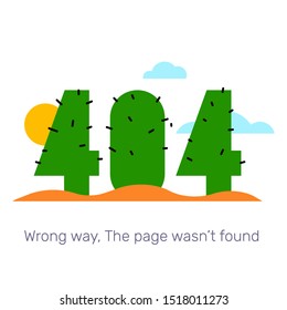 Vector creative template of found 404 error page with text on white background. Number as a cactus in the desert with sun and sand. Flat style design for web, site, website development