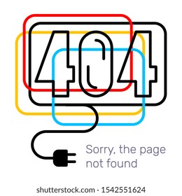 Vector creative template of found 404 error page with electrical plug on white background. Flat line art style number design with text for web, site, website development