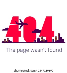 Vector creative template of found 404 error page with city and air plane on white background. Flat style red color number design with text for web, site, website development