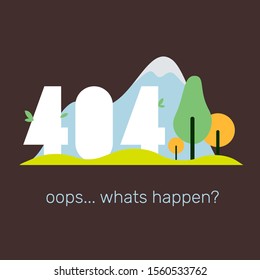 Vector creative template of found 404 error page on dark background. Flat style white number design with mountain, tree and text for web, site, website development