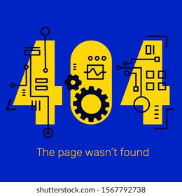 Vector creative template of found 404 error page with gear wheel and mechanism scheme on blue night background. Flat style yellow number design with text for web, site, website development