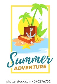 Vector creative template with frame and illustration of a sandy island in the ocean with a green palm tree, open suitcase, anchor on white background with yellow sun, waves. Flat style vacation design