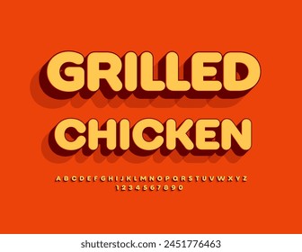 Vektorgrafik Kreative Vorlage Grillhuhn. Schriftart im Retrostil. 3D Alphabet Buchstaben und Zahlen gesetzt.