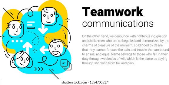 Vector creative template with illustration of business team communication on white background with text. Flat style design of teamwork for web, site, banner, presentation