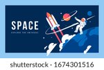 Vector creative template with illustration of cosmonaut in spacesuit exploring outer space and spaceship. Astronaut making spacewalk on dark background near earth. Flat line art style design of cosmos