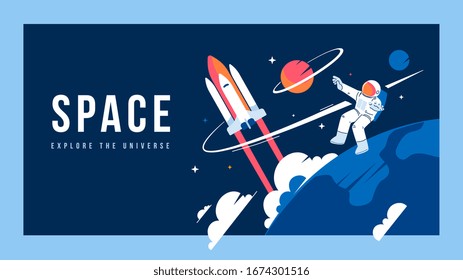 Vector creative template with illustration of cosmonaut in spacesuit exploring outer space and spaceship. Astronaut making spacewalk on dark background near earth. Flat line art style design of cosmos