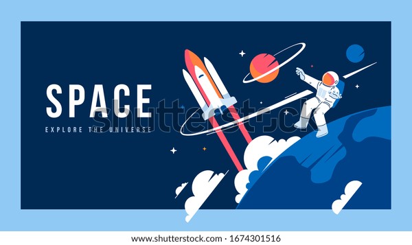 Vector creative template with illustration of\
cosmonaut in spacesuit exploring outer space and spaceship.\
Astronaut making spacewalk on dark background near earth. Flat line\
art style design of\
cosmos