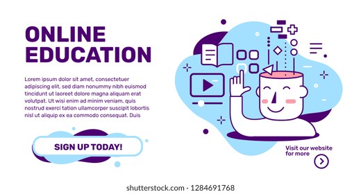 Vector creative template with illustration of head of man, icon on white background with text online education. Line art style design for web, site, banner, presentation