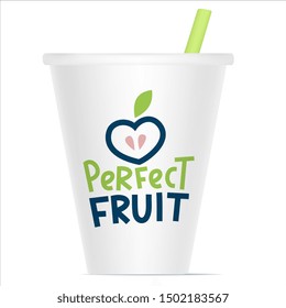 Vector creative template illustration of paper cup with tube and label. Lettering text and apple fruit with green leaf on white background. Line art style design for web, site, banner, label, logo