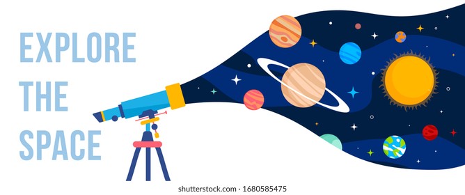 Vector creative template with illustration of telescope and planet of solar system on color background. Flat style concept design of space for holiday cosmonautics day greeting banner