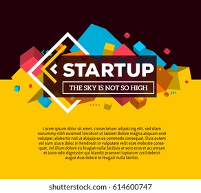 Vector creative template with illustration of three dimensional abstract colorful cube shapes and word startup with text on bright background. Startup business concept. 3d style design of word startup