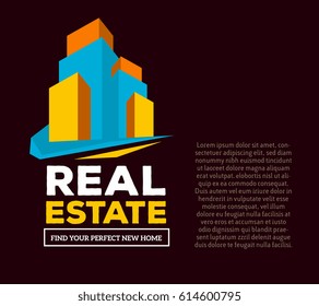 Vector creative template with illustration of three dimensional abstract colorful skyscraper and words real estate with text on dark background. Real estate business concept. 3d style design of logo