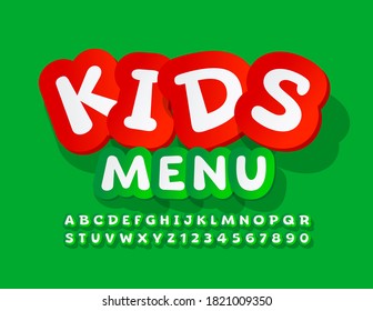 Vector creative template Kids Menu. Sticker style Font. Green Playful Alphabet Letters and Numbers set