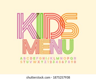 Vector creative template Kids Menu. Maze style Font. Colorful bright Alphabet Letters and Numbers set