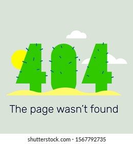 Vector creative template of number as a cactus in the desert with sun and sand. Found 404 error page with text on color background. Flat style design for web, site, website development