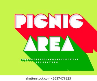 Vector Creative template Picnic Area. Big Geometric Font with Green Big Shadow. Fashion Alphabet Letters and Numbers set.