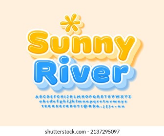 Vector creative template Sunny River with decorative element. Blue 3D Font. Cute glossy Alphabet Letters, Numbers and Symbols set