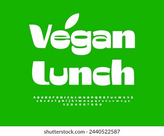 Vector creative template Vegan Lunch with decorative Leaf. White unique Font. Puffy Alphabet Letters and Numbers set