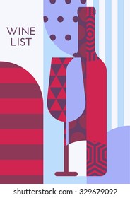 Vector creative template with wine bottle, glass and multicolor pattern. Trendy flat background. Concept for wine list, bar menu, flyer, alcohol drinks, poster, banner design.