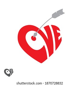 Vector creative text love in the shape of a heart with cupid's arrow. Flat design in two colors: red and gray.