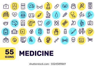 Vector creative thin line medical icon big set with bright color spot on white background with title. Line art flat style design of liner icon for medical web, site, banner, medicine presentation
