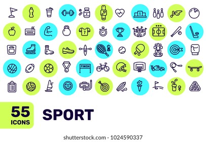 Vector creative thin line sport icon big set with bright color spot on white background with title. Line art flat style design of liner icon for sport web, site, banner