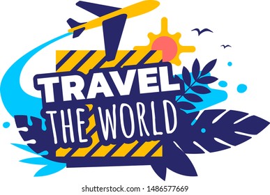 Vector creative travel illustration with flying air plane, sun and text on white color background. Flat style bright design for web, site, banner, poster, travel agency advertising