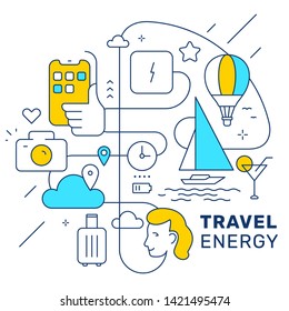 Vector creative travel illustration with icon and text on white color background. Line art style design for web, site, banner, poster