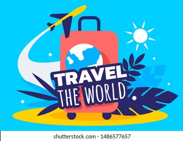 Vector creative travel illustration with suitcase, air plane and text on blue color background. Flat style bright design for web, site, banner, poster, travel agency advertising