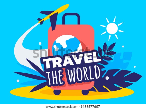 青の背景にスーツケース 航空機 テキストを含むベクタークリエイティブな旅行イラスト ウェブ サイト バナー ポスター 旅行代理店 広告用のフラットスタイルの明るいデザイン のベクター画像素材 ロイヤリティフリー