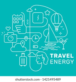 Vector creative travel monochrome illustration on green color background. Concept with different icon and text. White line art style design for web, site, banner, poster