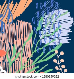 Vector creative universal artistic floral background with hand drawn marker textures, flowers, leaves . Graphic design for poster, card, cover, invitation or header. 