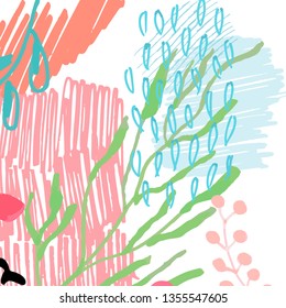 Vector creative universal artistic floral background with hand drawn marker textures, flowers, leaves . Graphic design for poster, card, cover, invitation or header. 