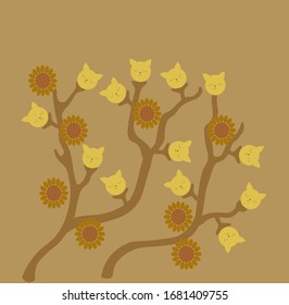 Vector creativo ilustración inusual con ramas y cabezas de gatos en color, para papel pintado, impresiones, patrones, fondo.