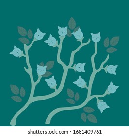 Vector creativo ilustración inusual con ramas y cabezas de gatos en color, para papel pintado, impresiones, patrones, fondo.