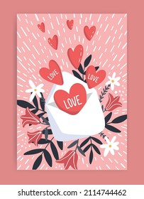 Vector creative Valentines Day greeting cards. Hand drawn illustration with hearts, envelope, bouquet and love letter. Romantic card perfect for prints,flyers,posters,holiday invitations and more.