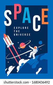 Vector creative vertical template with illustration of astronaut making spacewalk on dark background near earth. Cosmonaut in spacesuit exploring outer space and spaceship. Flat line art style design