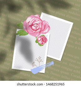 Vector Creative Vintage Collage with Abstract Book Page, Watercolor Flower, Photo Frames, Brush Strokes and Branch Shadow Overlay