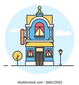 Vector creative vintage hotel building facade, tree and lantern. Expenses.Tourism, hostel building facade in flat line style illustration