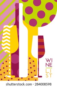 Vector creative wine bottle, glass silhouette with multicolor pattern. Abstract flat geometric background. Concept for wine list, menu, flyer, party, alcohol drinks, poster design.