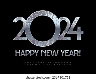 Tarjeta de deseo creativo vectorial ¡Feliz Año Nuevo 2024! Fuente metálica rusty. Letras y números antiguos de alfabeto plateado