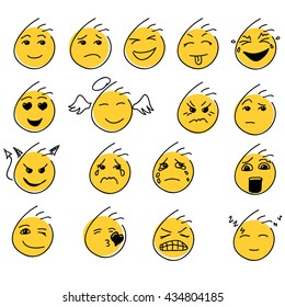 Vector creative yellow smileys. Sketches of characters. Minimalism. Flat icons.