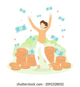 Vector creative young man design, Young man standing happiness with banknotes drop and coin cash pile.