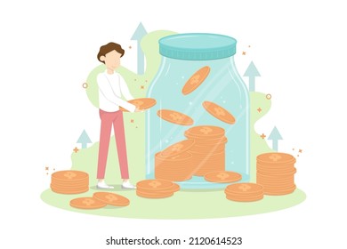 Vector creative young man design, Young man earning saving coin with bottle glass.