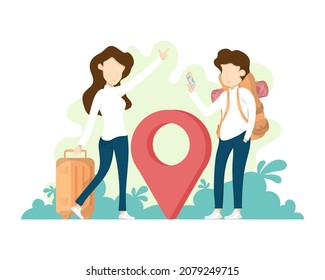 Vector creative young people design, Cartoon character young people search location map with smartphone, Concept couples vacation travel.
