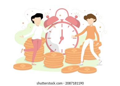 Vector creative young people design, Cartoon character young people planning savings for the future with red clock.