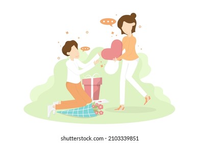 Vector creative young people design, Young boy give red heart for young girl with gift box, letter, flower.