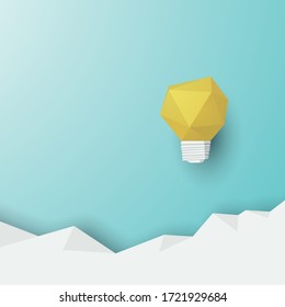 Vector creativity concept with 3d polygonal, paper lightbulb as balloon above clouds. New ideas, brainstorming, inspiration and innovation symbol. Eps10 illustration.